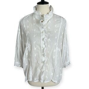 Sundance Ruffled Embroidered Cotton Gauze Button Up Top Sz Small Petite *note‎